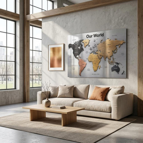Our World – Metallic Edition | 28×40 Panoramic Brushed Aluminum Map Silver Metal Art | Modern World Map Wall Decor | Unique Home Accent