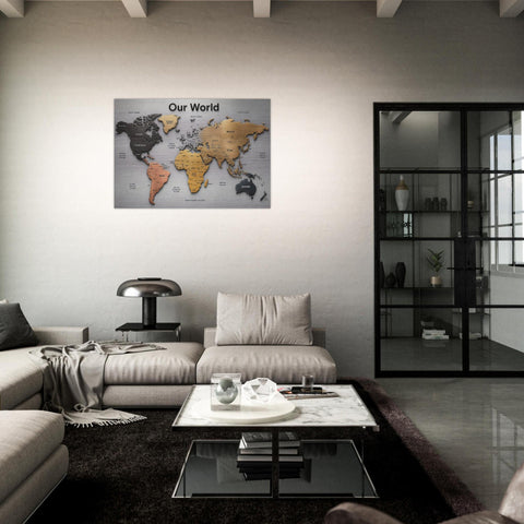 Our World – Metallic Edition | 28×40 Panoramic Brushed Aluminum Map Silver Metal Art | Modern World Map Wall Decor | Unique Home Accent