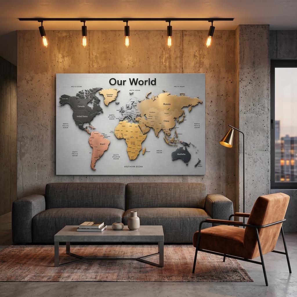 Our World – Metallic Edition | 28×40 Panoramic Brushed Aluminum Map Silver Metal Art | Modern World Map Wall Decor | Unique Home Accent