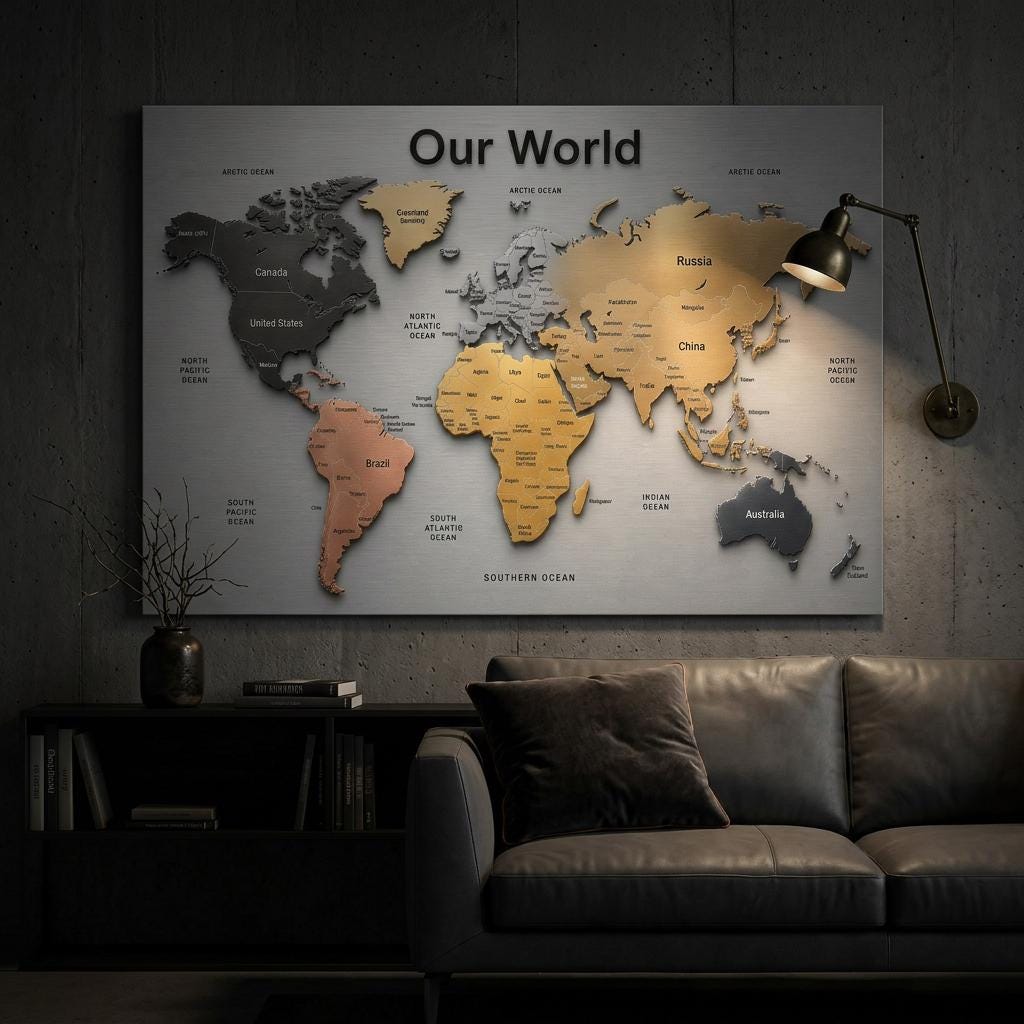 Our World – Metallic Edition | 28×40 Panoramic Brushed Aluminum Map Silver Metal Art | Modern World Map Wall Decor | Unique Home Accent