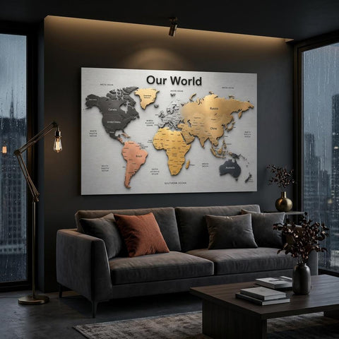 Our World – Metallic Edition | 28×40 Panoramic Brushed Aluminum Map Silver Metal Art | Modern World Map Wall Decor | Unique Home Accent