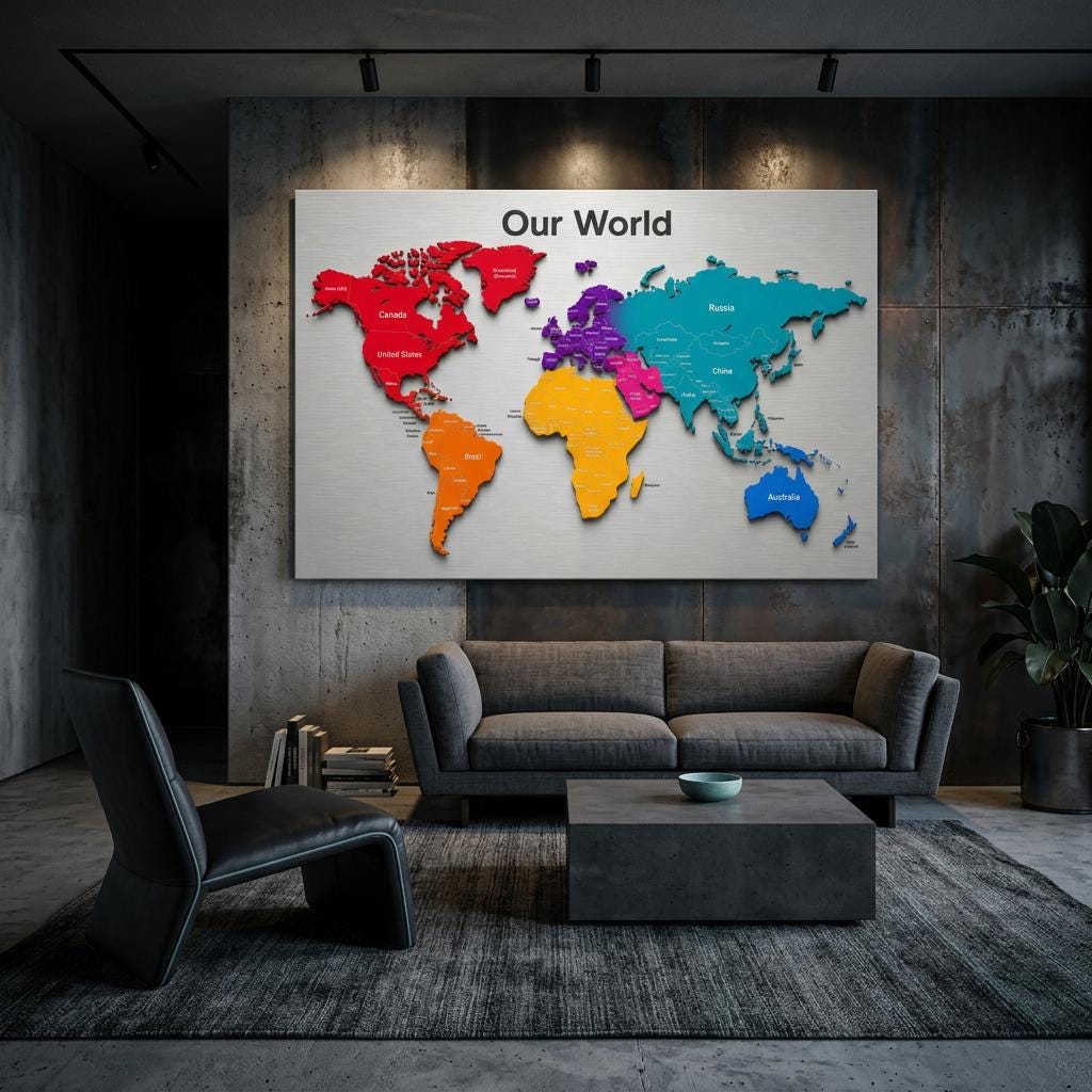 Our World - Color Edition 28×40 Panoramic Aluminum Map Brushed Aluminum Map Print - Modern Contemporary Wall Art, Silver Metallic Finish