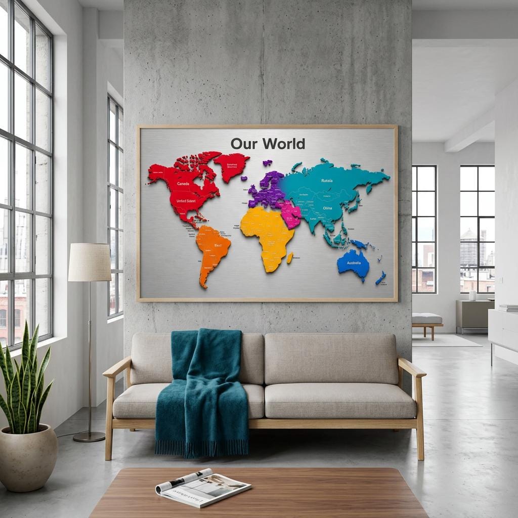 Our World - Color Edition 28×40 Panoramic Aluminum Map Brushed Aluminum Map Print - Modern Contemporary Wall Art, Silver Metallic Finish