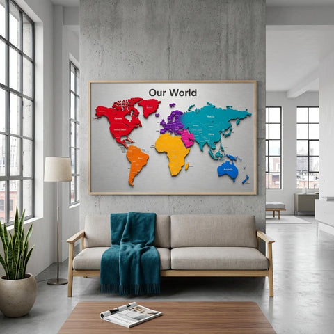 Our World - Color Edition 28×40 Panoramic Aluminum Map Brushed Aluminum Map Print - Modern Contemporary Wall Art, Silver Metallic Finish