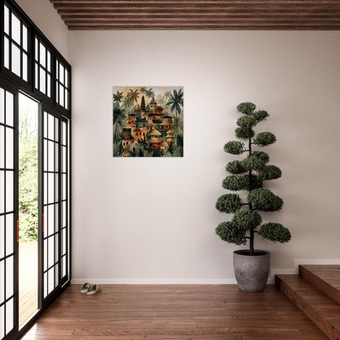 Bali Tropical Folk Art - Brushed Aluminum Print | Modern Village Landscape | Textured Metallic Wall Art Gift