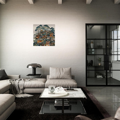Kyoto Folk Art - Brushed Aluminum Print | Wooden Village Scene | Japanese Wall Art | Modern Home Decor Gift | Personalized Art