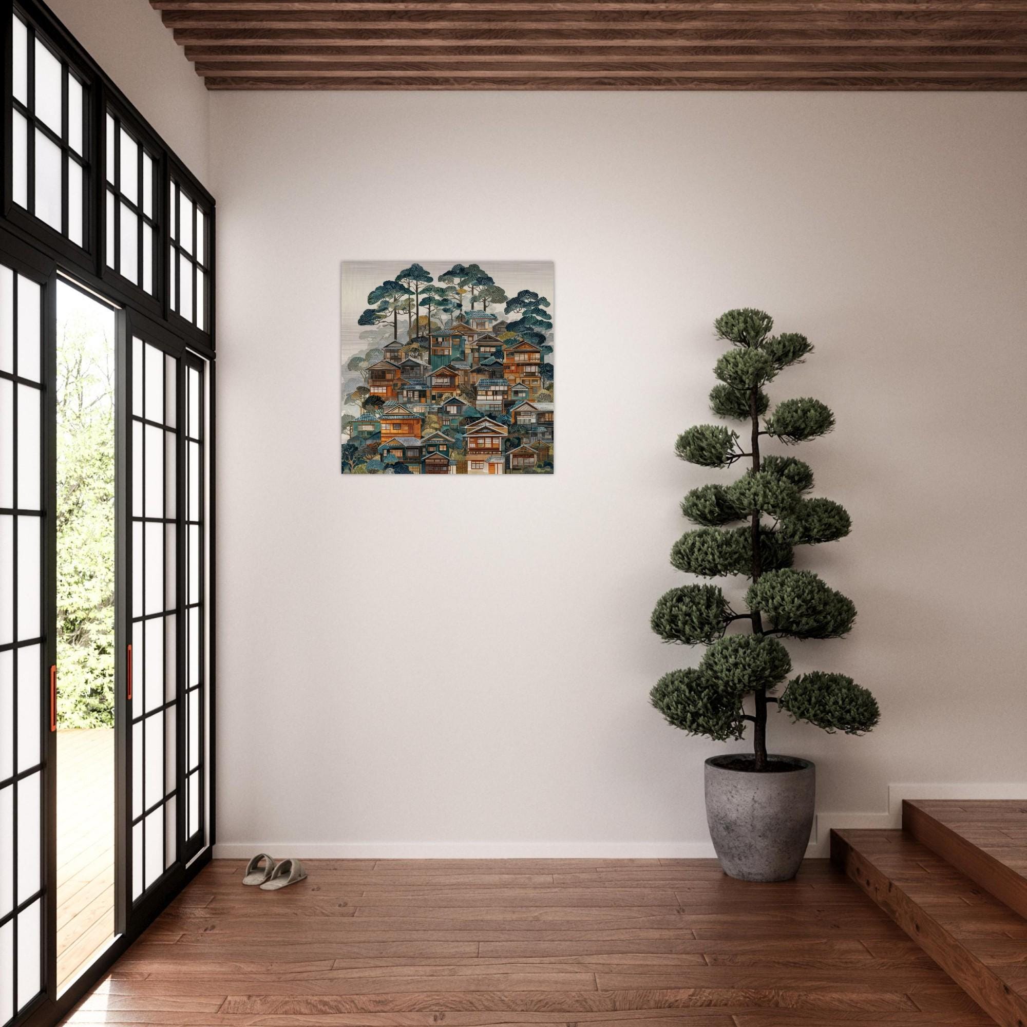 Kyoto Folk Art - Brushed Aluminum Print | Wooden Village Scene | Japanese Wall Art | Modern Home Decor Gift | Personalized Art