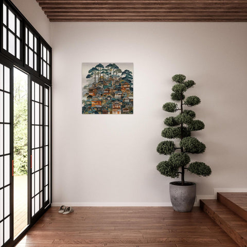 Kyoto Folk Art - Brushed Aluminum Print | Wooden Village Scene | Japanese Wall Art | Modern Home Decor Gift | Personalized Art