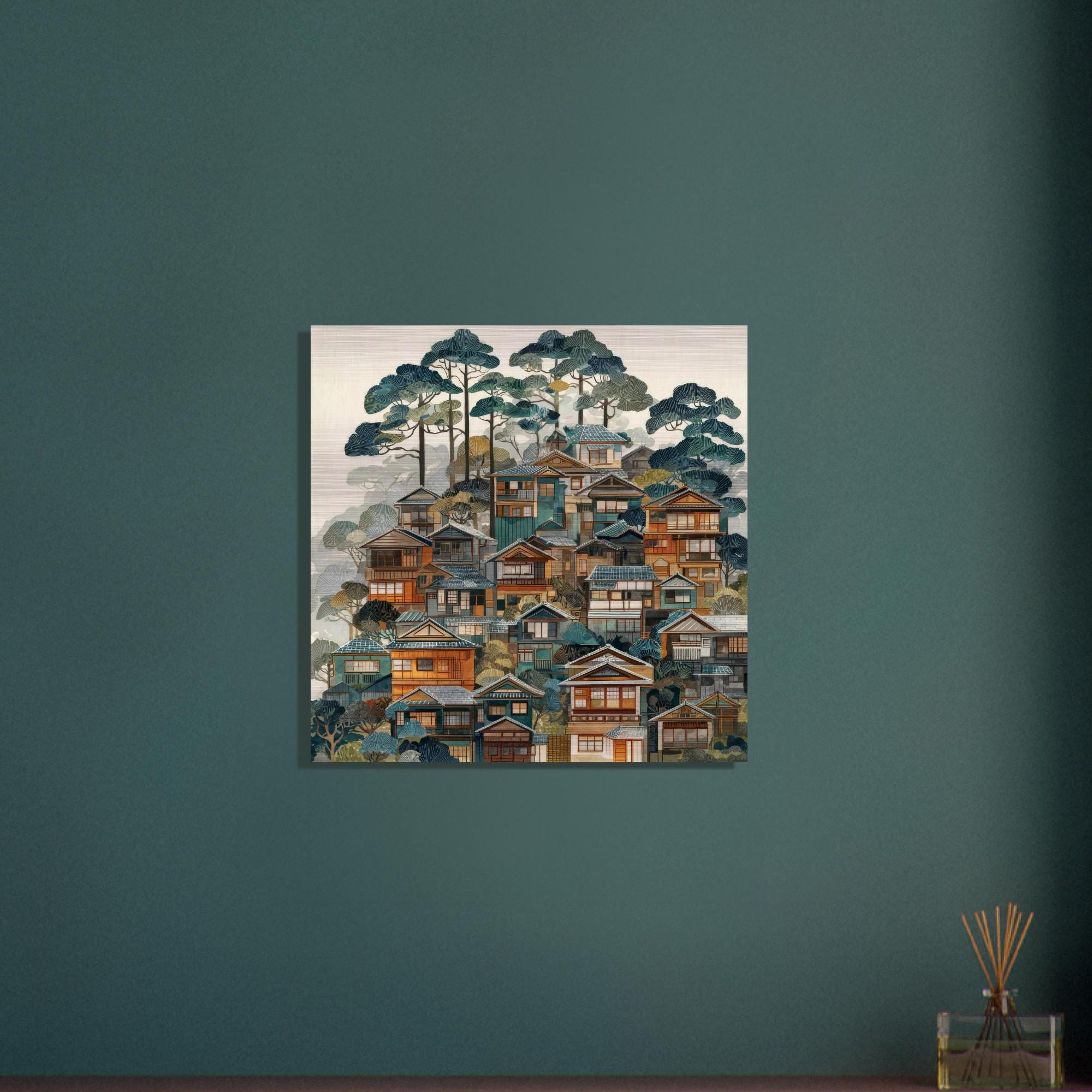 Kyoto Folk Art - Brushed Aluminum Print | Wooden Village Scene | Japanese Wall Art | Modern Home Decor Gift | Personalized Art