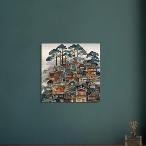 Kyoto Folk Art - Brushed Aluminum Print | Wooden Village Scene | Japanese Wall Art | Modern Home Decor Gift | Personalized Art