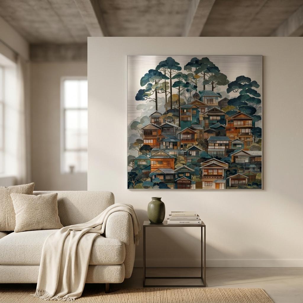 Kyoto Folk Art - Brushed Aluminum Print | Wooden Village Scene | Japanese Wall Art | Modern Home Decor Gift | Personalized Art