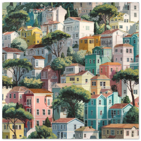 San Francisco - Folk Art Brushed Aluminum Print - Modern Cityscape Wall Art - Bright Hillside Homes Decor