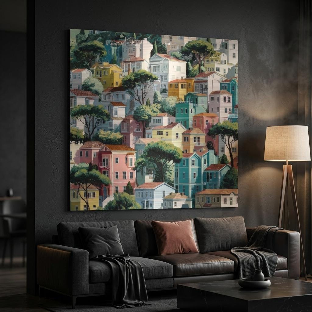 San Francisco - Folk Art Brushed Aluminum Print - Modern Cityscape Wall Art - Bright Hillside Homes Decor