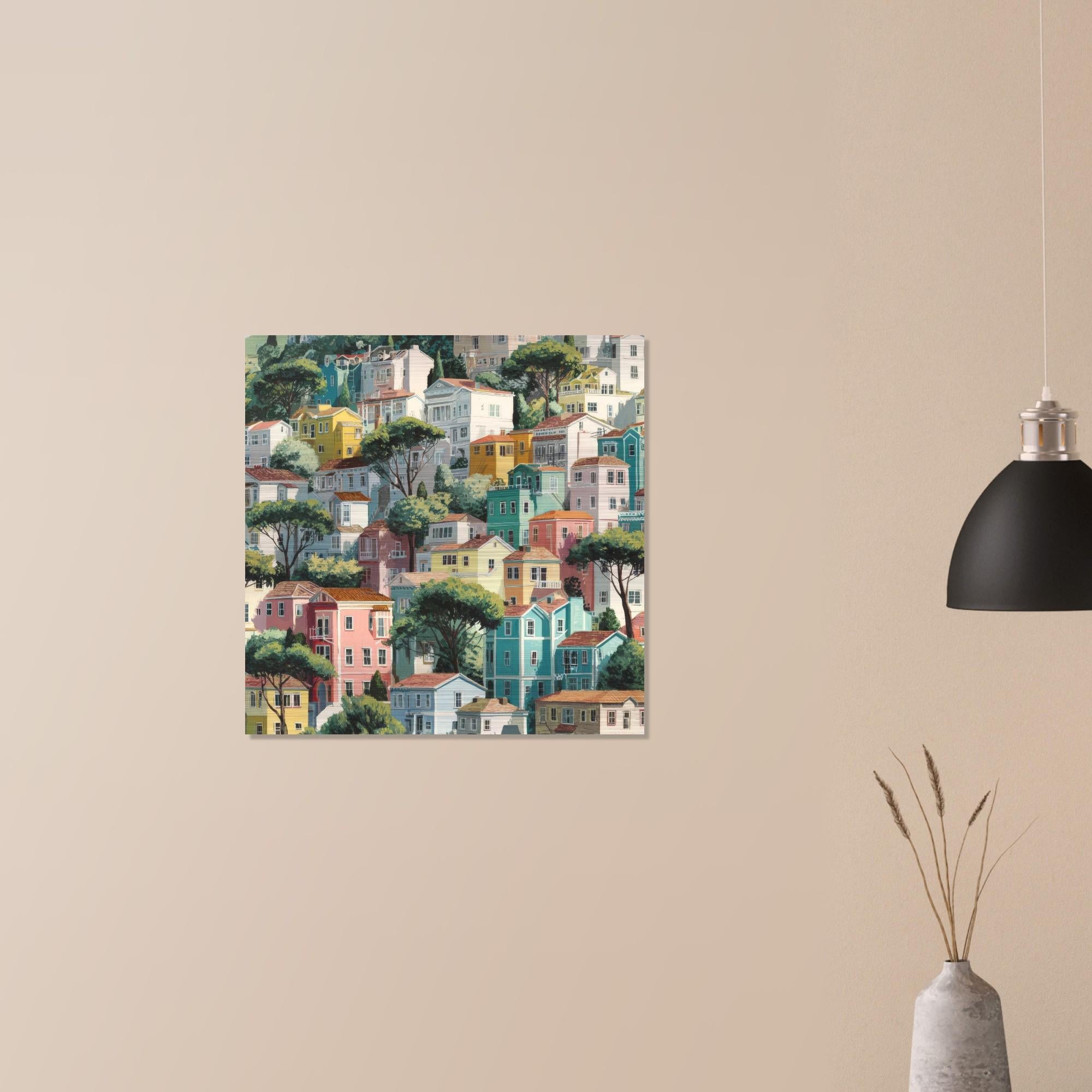 San Francisco - Folk Art Brushed Aluminum Print - Modern Cityscape Wall Art - Bright Hillside Homes Decor