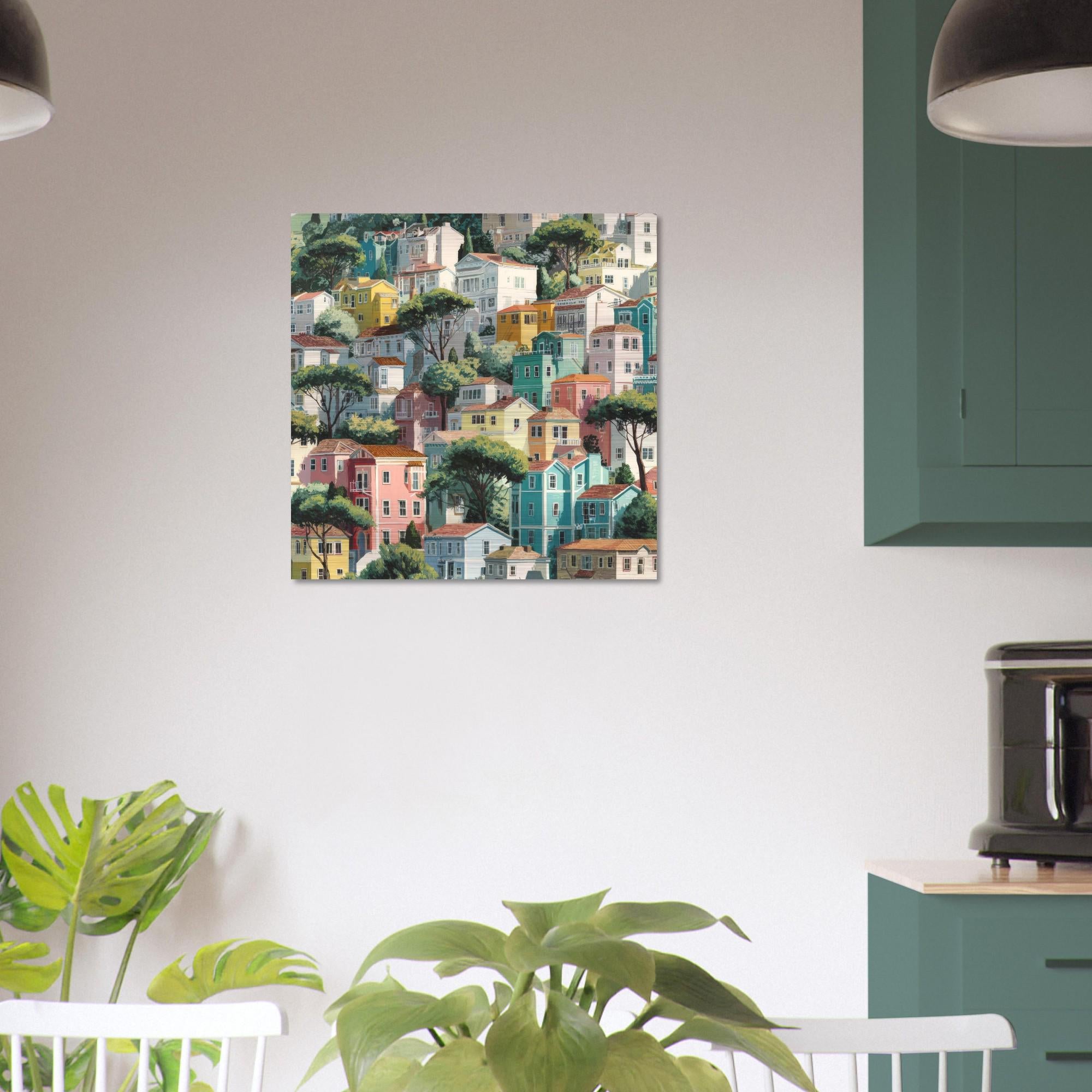San Francisco - Folk Art Brushed Aluminum Print - Modern Cityscape Wall Art - Bright Hillside Homes Decor
