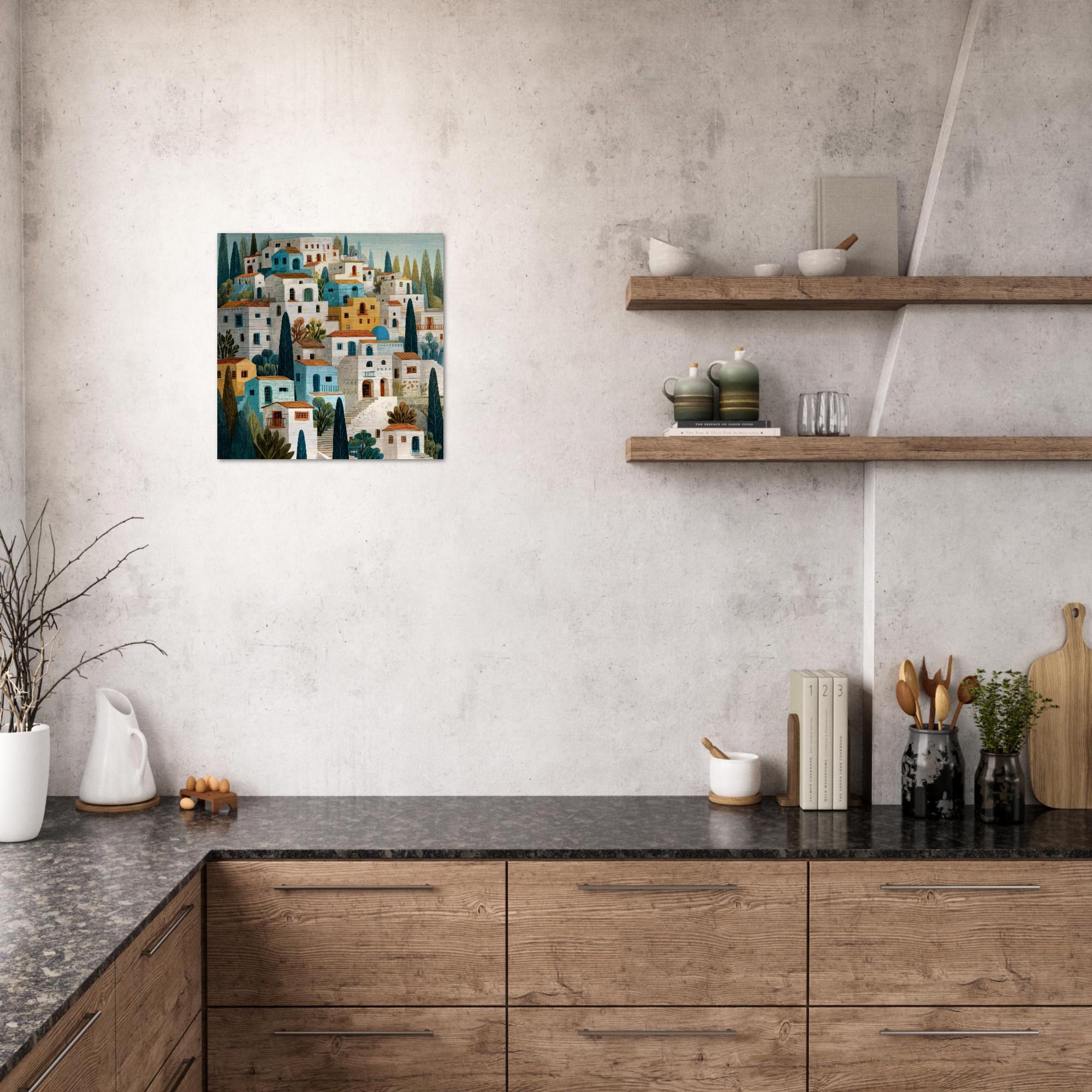 Santorini Aluminum Print - Coastal Hillside Village Art - Modern Greek Island Decor - Airy & Serene Wall Art Gift