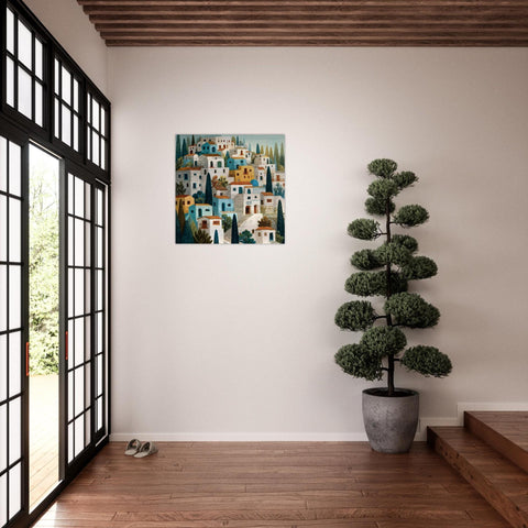 Santorini Aluminum Print - Coastal Hillside Village Art - Modern Greek Island Decor - Airy & Serene Wall Art Gift