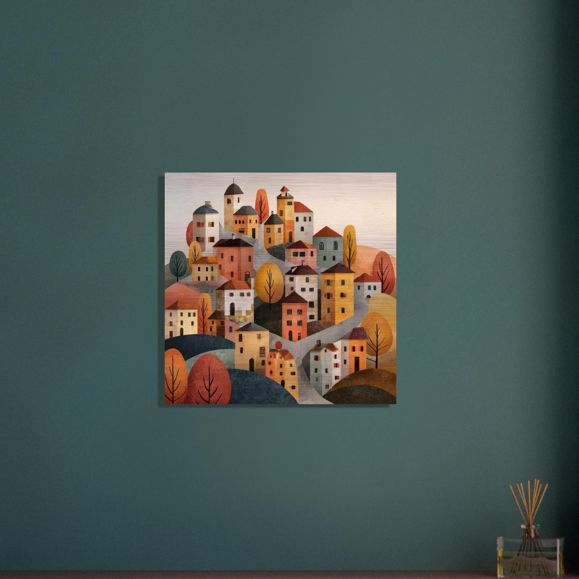 Tuscany Village - Rolling Hills Art | Modern Italy Landscape | Brushed Silver Metal Wall Art | Handmade Home Decor Gift