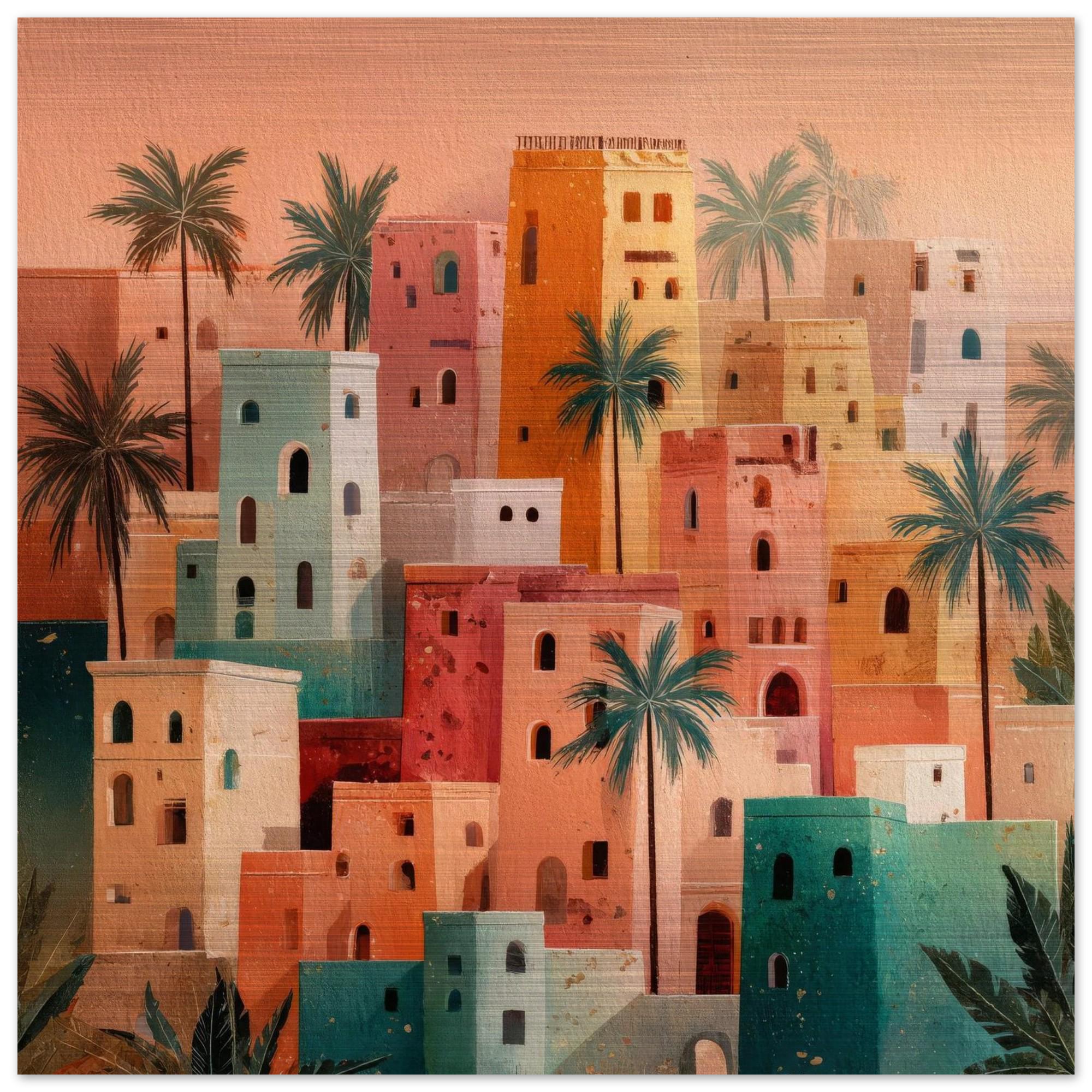 Morocco - Desert Folk Art Aluminum Print | Sun-Baked Village Scene | Unique North African Wall Decor | Brushed Silver Metallic Finish