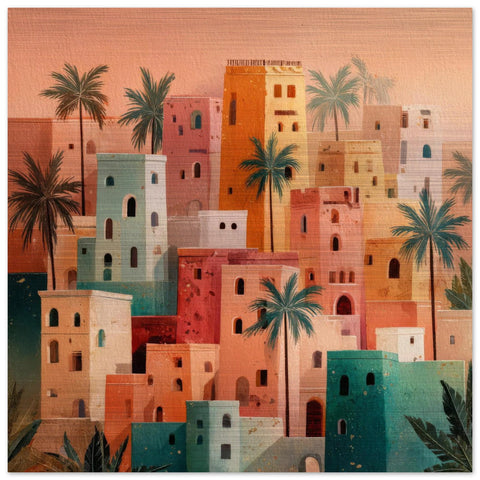 Morocco - Desert Folk Art Aluminum Print | Sun-Baked Village Scene | Unique North African Wall Decor | Brushed Silver Metallic Finish