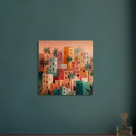 Morocco - Desert Folk Art Aluminum Print | Sun-Baked Village Scene | Unique North African Wall Decor | Brushed Silver Metallic Finish