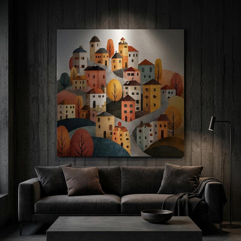 Tuscany Village - Rolling Hills Art | Modern Italy Landscape | Brushed Silver Metal Wall Art | Handmade Home Decor Gift