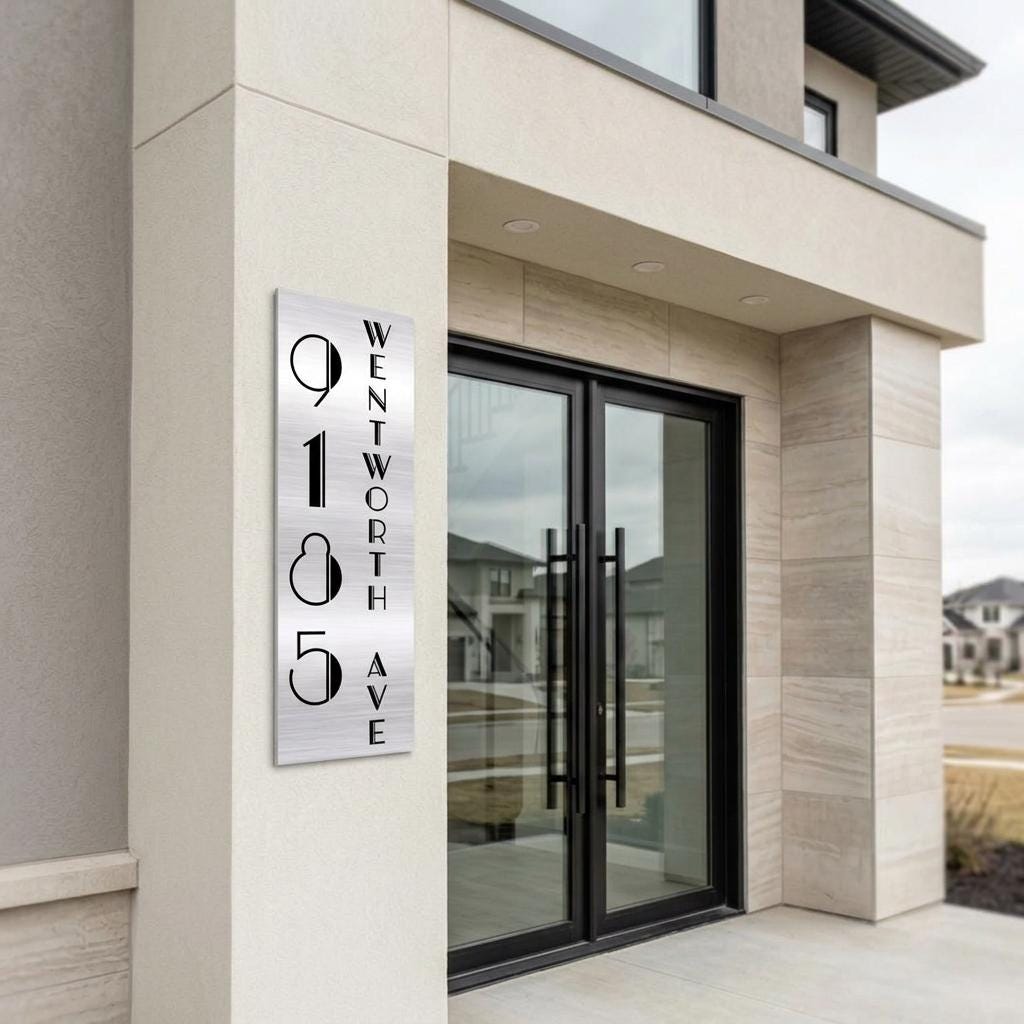 Custom 8x24 Wentworth Vertical Address Sign | Brushed Aluminum House Number Plaque | Modern Architectural | Personalized Metal Sign
