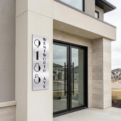 Custom 8x24 Wentworth Vertical Address Sign | Brushed Aluminum House Number Plaque | Modern Architectural | Personalized Metal Sign