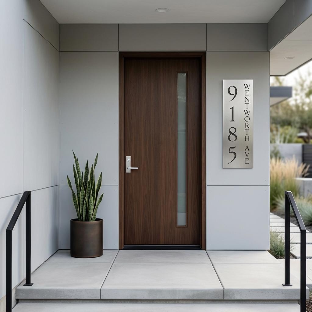 Custom 8x24 Wentworth Vertical Address Sign | Brushed Aluminum House Number Plaque | Modern Architectural | Personalized Metal Sign