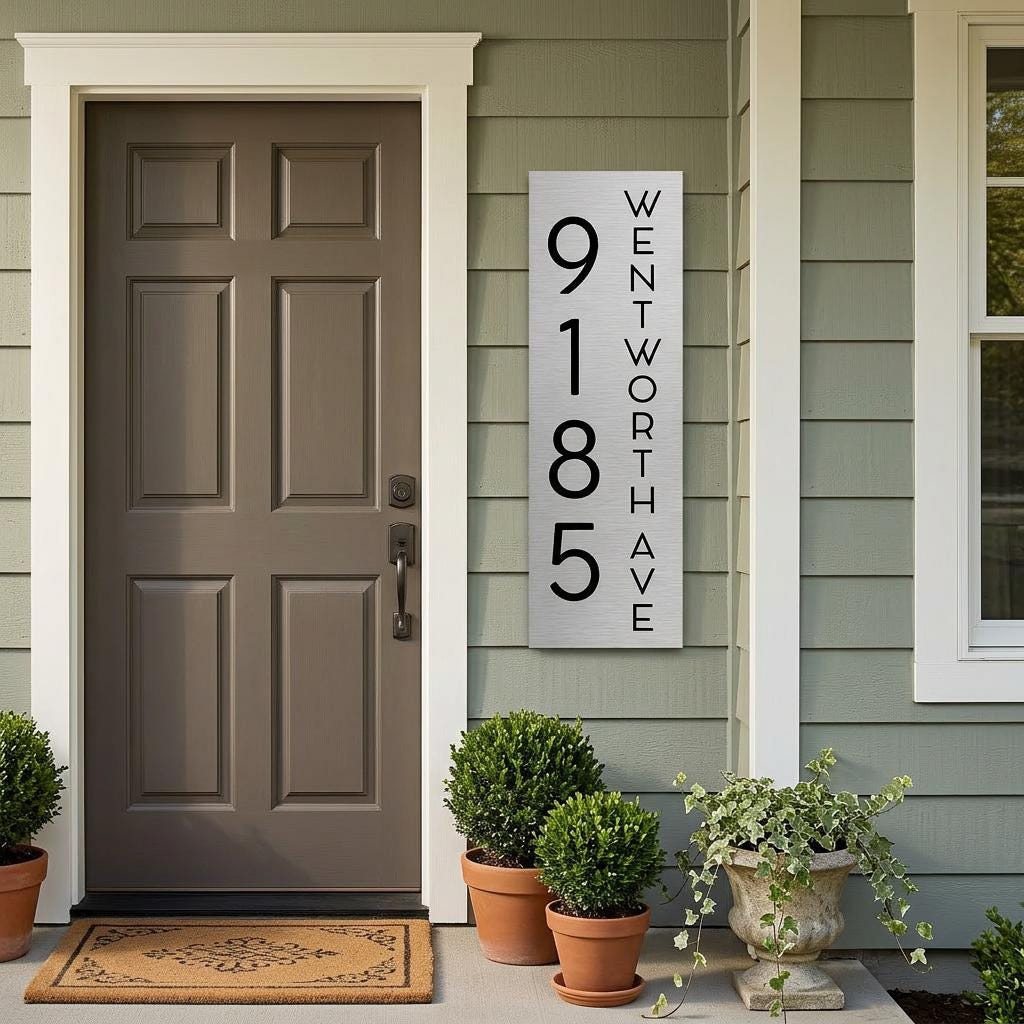 Custom 8x24 Wentworth Vertical Address Sign | Brushed Aluminum House Number Plaque | Modern Architectural | Personalized Metal Sign