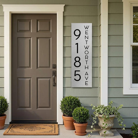 Custom 8x24 Wentworth Vertical Address Sign | Brushed Aluminum House Number Plaque | Modern Architectural | Personalized Metal Sign