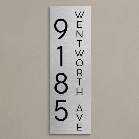Custom 8x24 Wentworth Vertical Address Sign | Brushed Aluminum House Number Plaque | Modern Architectural | Personalized Metal Sign