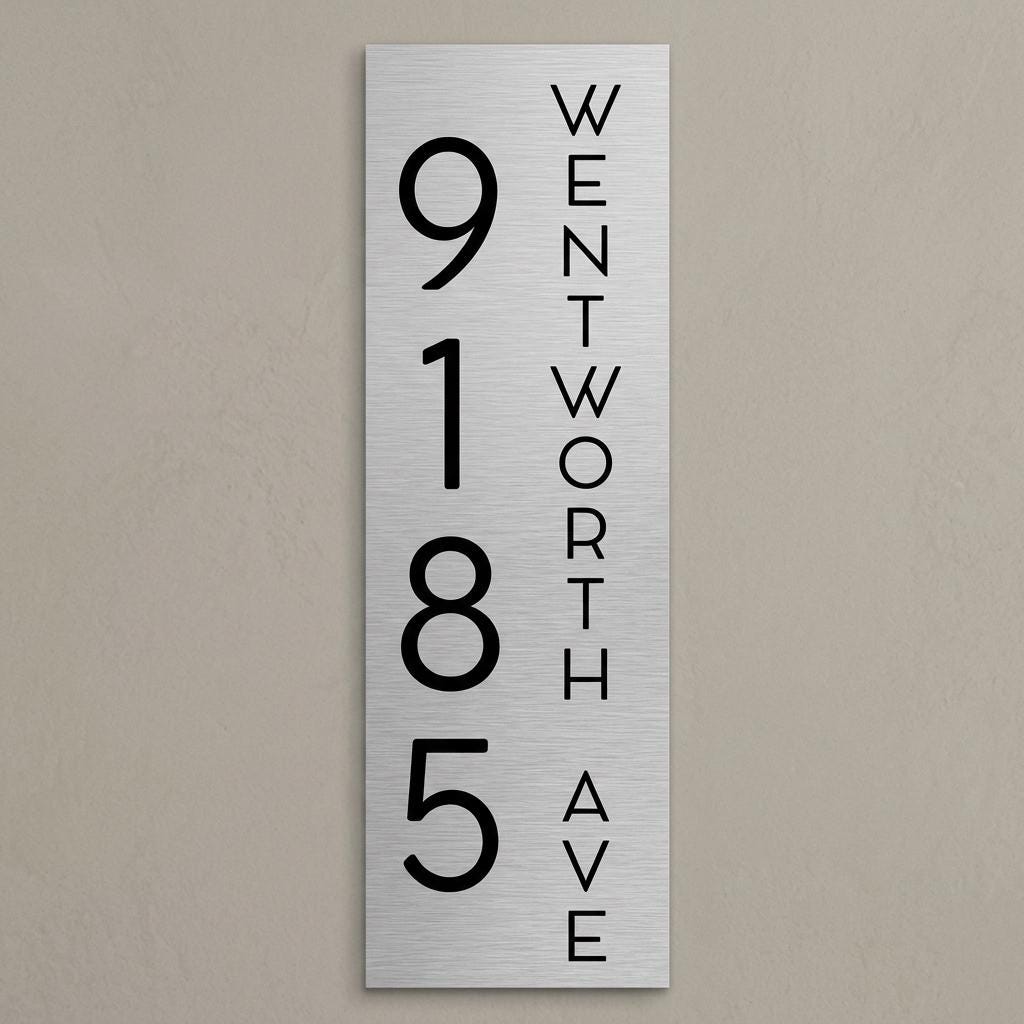 Custom 8x24 Wentworth Vertical Address Sign | Brushed Aluminum House Number Plaque | Modern Architectural | Personalized Metal Sign