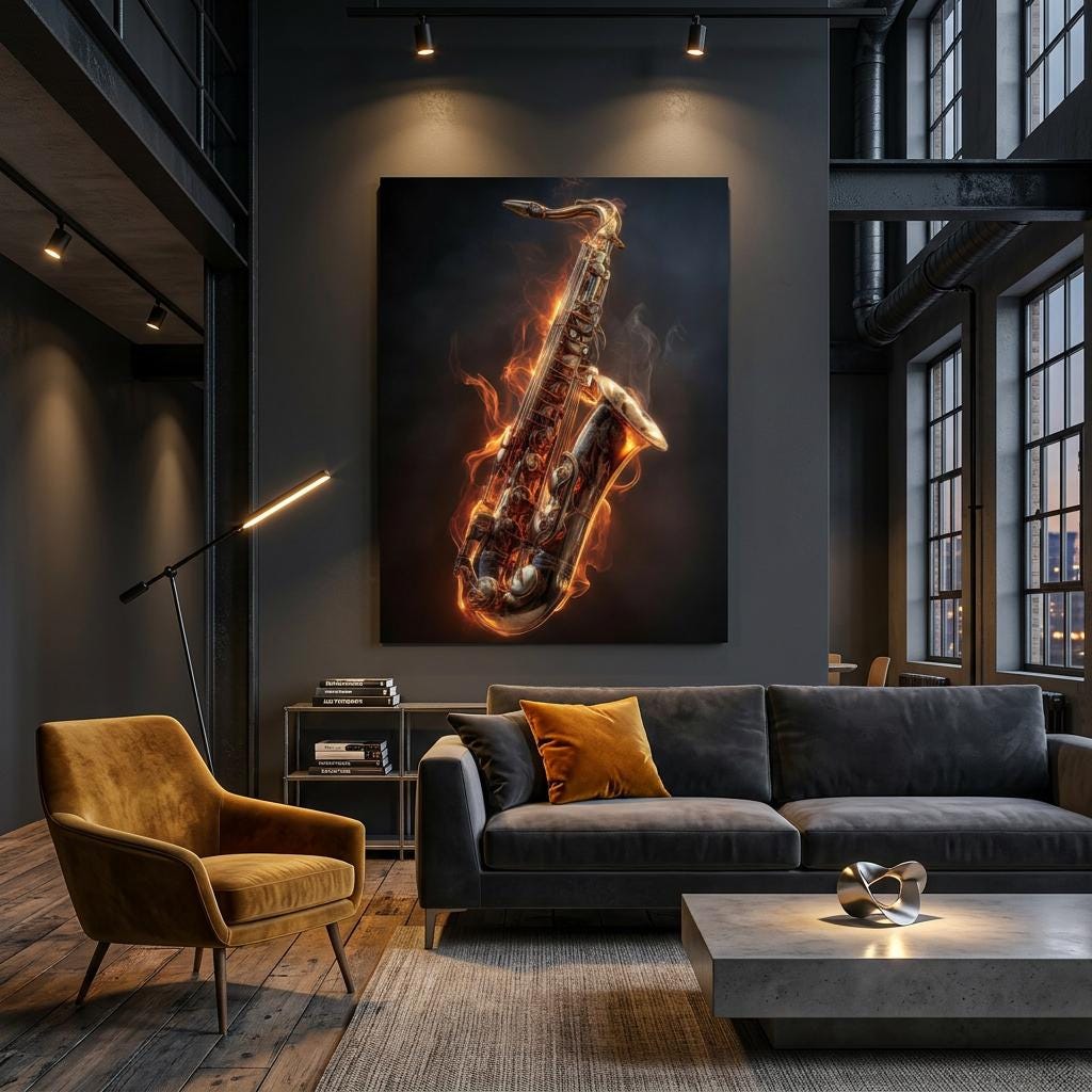 Igniting Brass - Saxophone Aluminum Print | Fire & Music Wall Art | Modern Industrial Decor | Gift for Musician
