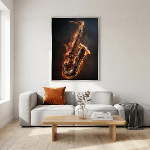 Igniting Brass - Saxophone Aluminum Print | Fire & Music Wall Art | Modern Industrial Decor | Gift for Musician