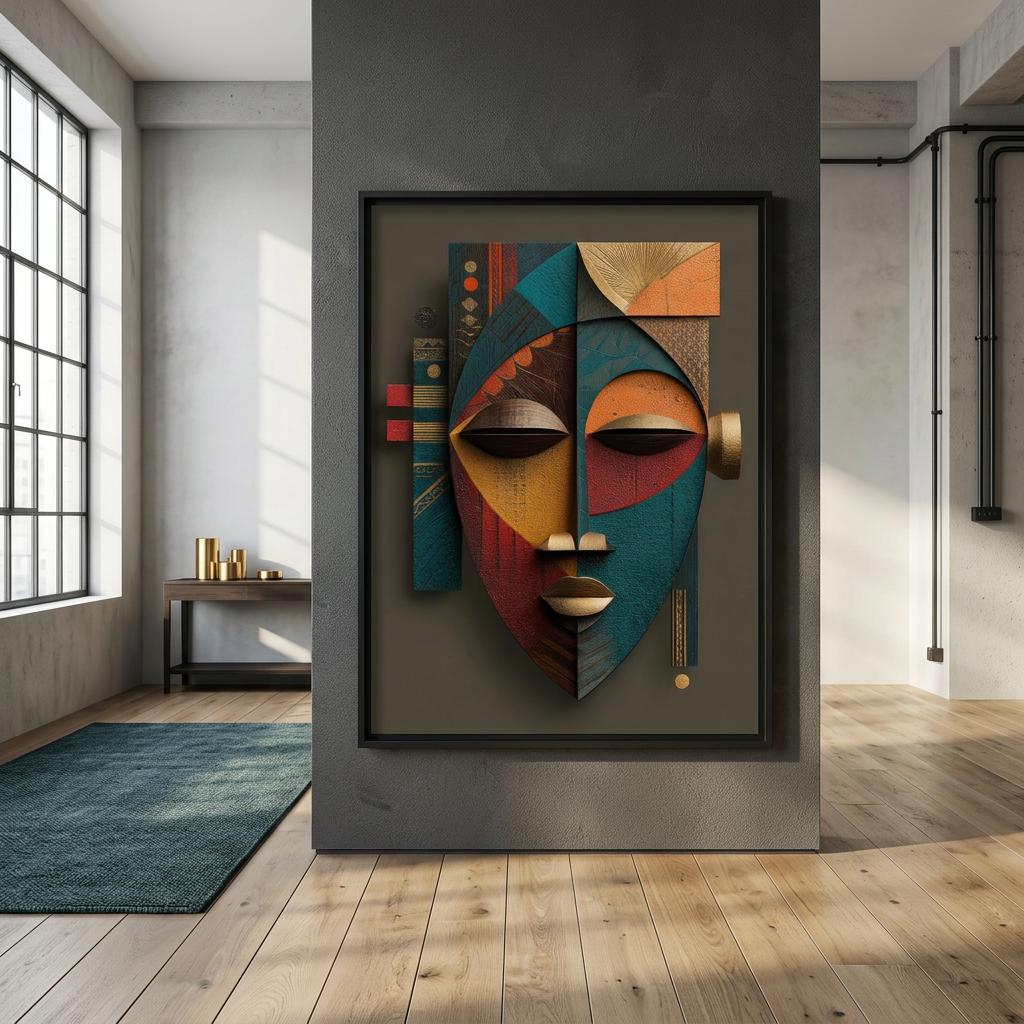 Etu Spirit Metal Wall Art – Modern Yoruba Mask Abstract Aluminum Print, Geometric Wall Decor, Contemporary Spiritual Home Decor Gift