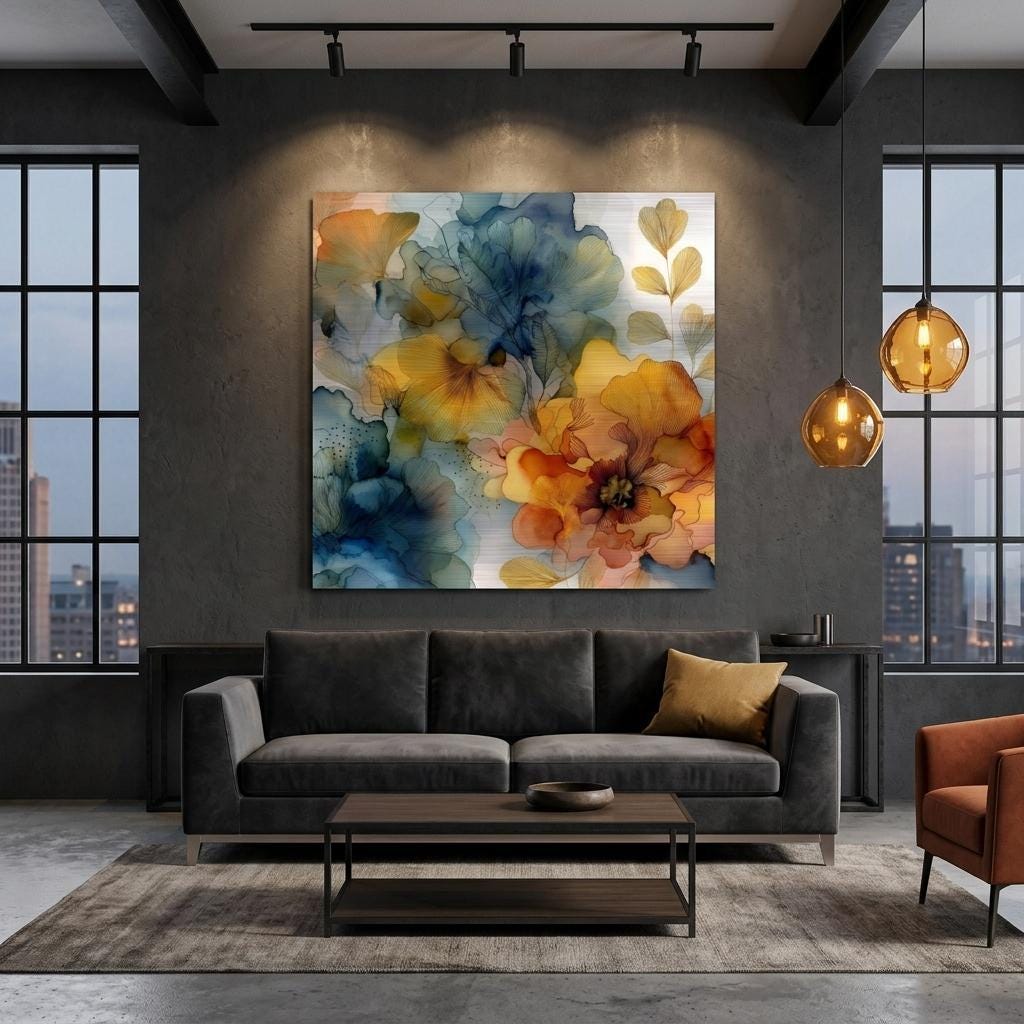 Ochre Current Brushed Aluminum Print Luminous Gold & Indigo Modern Floral Art | Textured Metallic Wall Decor | Unique Art Gift