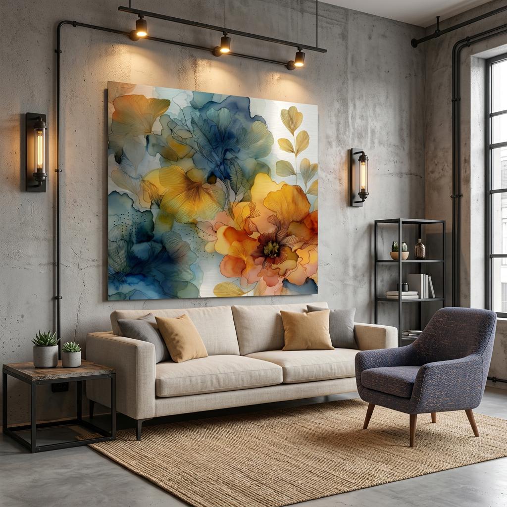 Ochre Current Brushed Aluminum Print Luminous Gold & Indigo Modern Floral Art | Textured Metallic Wall Decor | Unique Art Gift