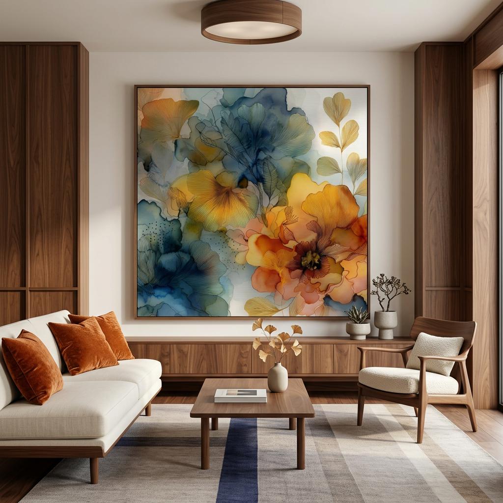 Ochre Current Brushed Aluminum Print Luminous Gold & Indigo Modern Floral Art | Textured Metallic Wall Decor | Unique Art Gift