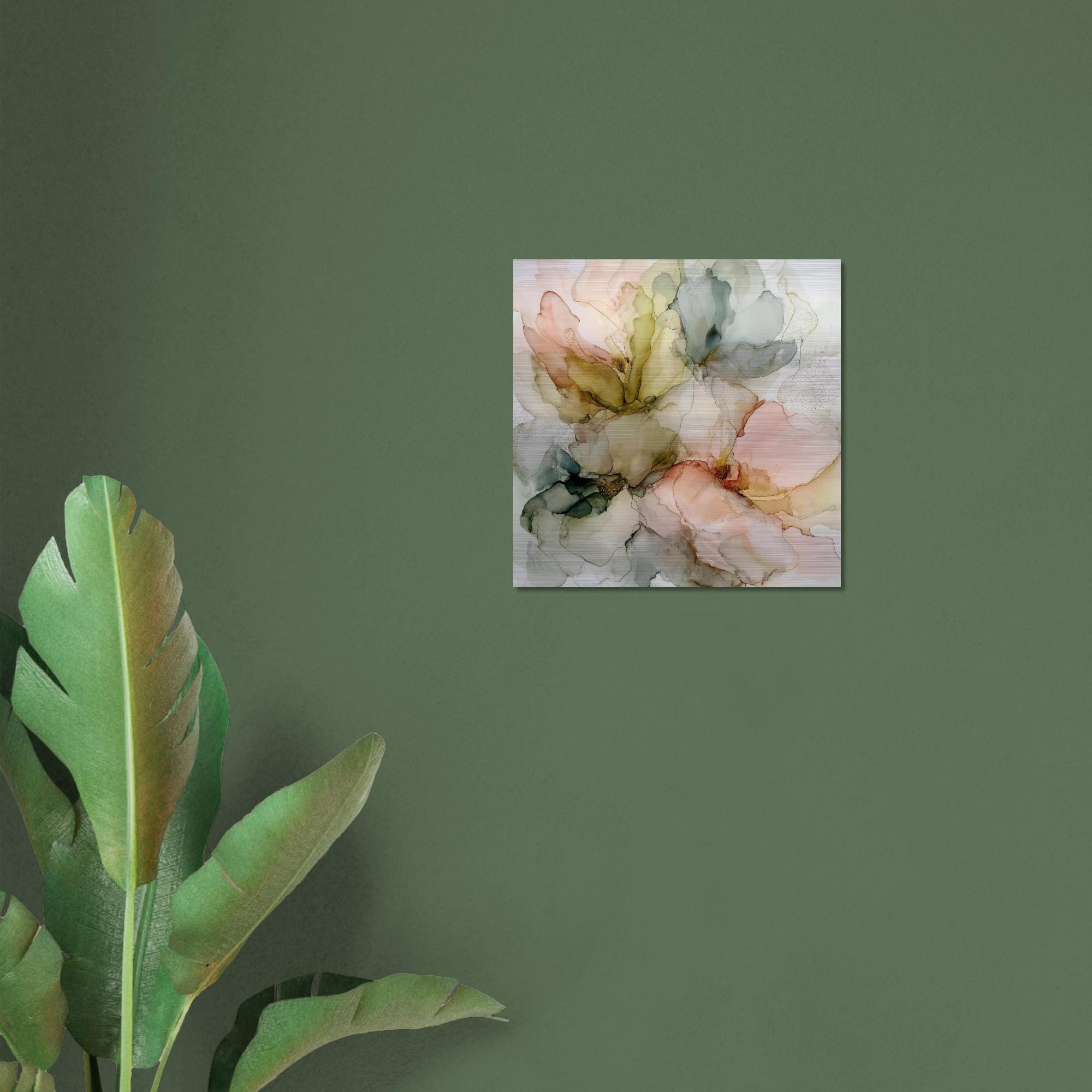 Whisperleaf Brushed Aluminum Print - Modern Abstract Nature Art, Metallic Wall Decor, Serene Green Leaf Artwork Gift
