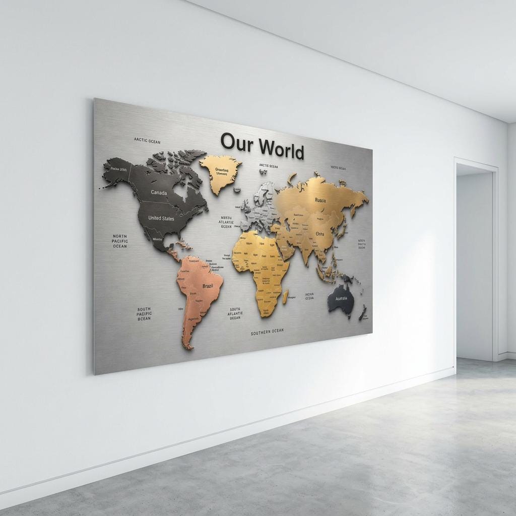 Our World – Metallic Edition | 28×40 Panoramic Brushed Aluminum Map Silver Metal Art | Modern World Map Wall Decor | Unique Home Accent