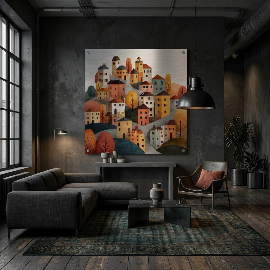 Tuscany Village - Rolling Hills Art | Modern Italy Landscape | Brushed Silver Metal Wall Art | Handmade Home Decor Gift