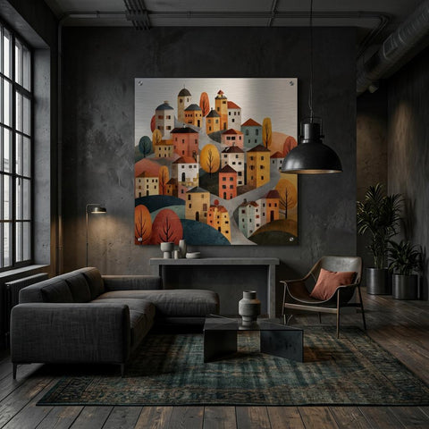 Tuscany Village - Rolling Hills Art | Modern Italy Landscape | Brushed Silver Metal Wall Art | Handmade Home Decor Gift