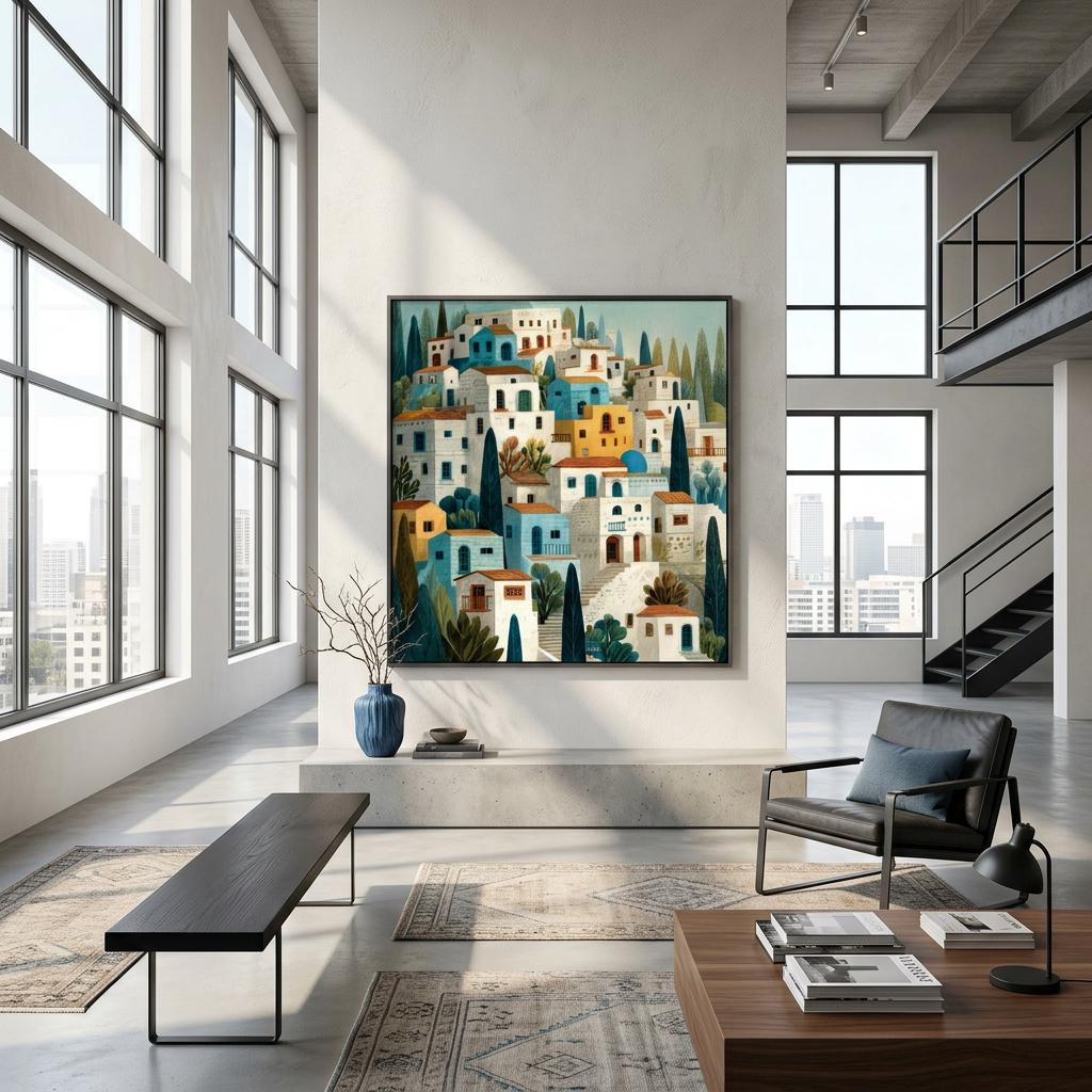 Santorini Aluminum Print - Coastal Hillside Village Art - Modern Greek Island Decor - Airy & Serene Wall Art Gift