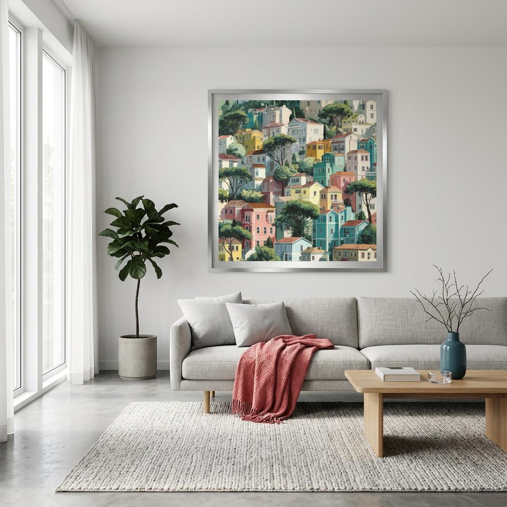 San Francisco - Folk Art Brushed Aluminum Print - Modern Cityscape Wall Art - Bright Hillside Homes Decor