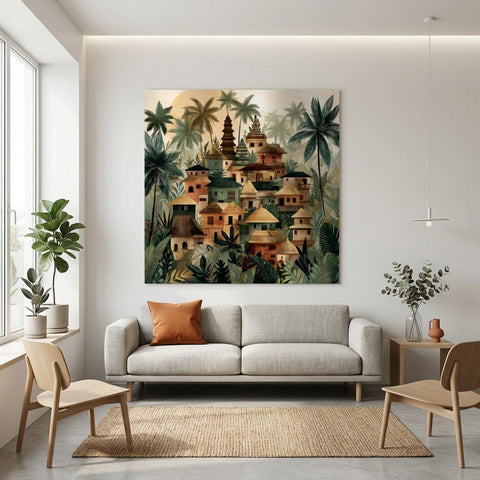 Bali Tropical Folk Art - Brushed Aluminum Print | Modern Village Landscape | Textured Metallic Wall Art Gift