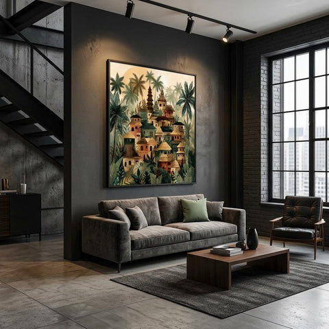 Bali Tropical Folk Art - Brushed Aluminum Print | Modern Village Landscape | Textured Metallic Wall Art Gift