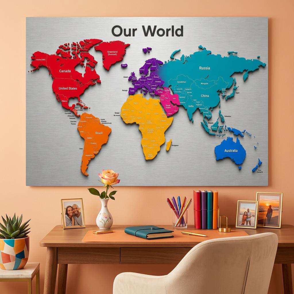 Our World - Color Edition 28×40 Panoramic Aluminum Map Brushed Aluminum Map Print - Modern Contemporary Wall Art, Silver Metallic Finish