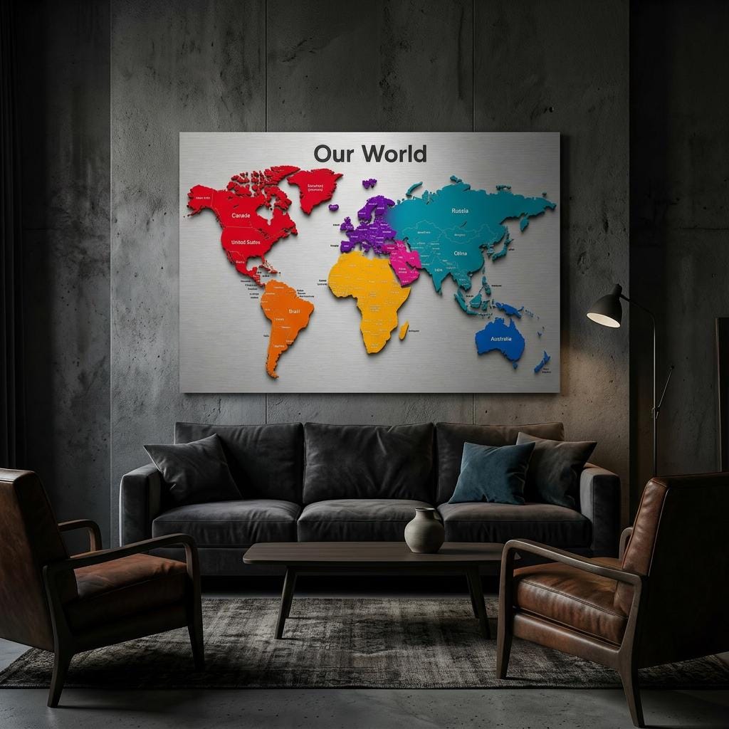 Our World - Color Edition 28×40 Panoramic Aluminum Map Brushed Aluminum Map Print - Modern Contemporary Wall Art, Silver Metallic Finish