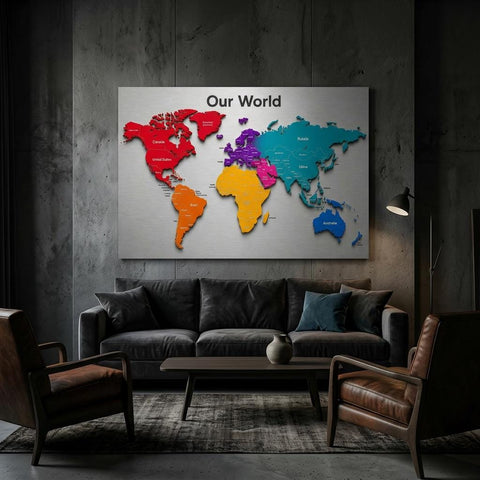 Our World - Color Edition 28×40 Panoramic Aluminum Map Brushed Aluminum Map Print - Modern Contemporary Wall Art, Silver Metallic Finish